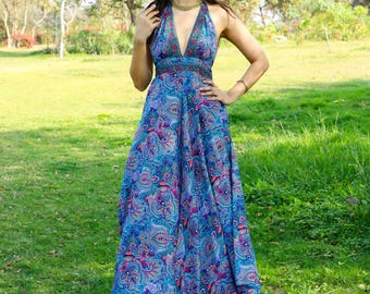 Maxi Blue Open Back Dress || Long Bohemian Slit Halter Dress || Summer Free Size Flowy Dress || Backless Paisley Print Dress