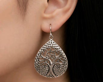 Bohemian Tree of Life Earrings | Ethnic Silver Tone Brass Dangle Earrings