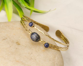 Minimalist Hammered Bracelet  Adorned With Natural Gemstones || Adjustable Brass Bangle Bracelet || Bohemian Cuff Bracelet