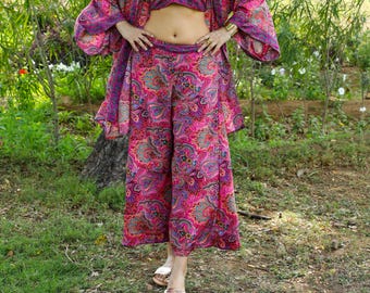 Pink Bohemian Polyester Printed Flair Trousers ||  Free Size Palazzo Pants || Wide Leg Lounge Pants