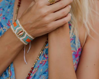 Miyuki Delica Seed Bead Bracelet | Golden Cowrie Shell, Boho Woven Jewelry