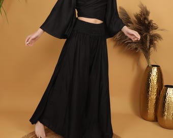 Black Viscose Palazzo Pants | High Waist Flowy Boho Trousers