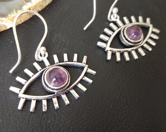 Silver  Evil Eye Dangle Earrings with Semi Precious Stones || Protective Brass Earrings with Stone || Amulet Earrings
