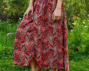 Bohemian Polyester Open Front Skirt || Free Size  Elasticated Belt Paisley Print Petticoat || Burgundy Long Summer Skirt