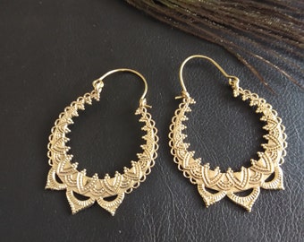 Decorated Bohemian Hoop Earrings || Ethnic Brass Women's Hoops || Oriental Mandala Earrings