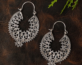 Decorated Gypsy Hoop Earrings || Ethnic Bohemian Brass Hoop Earrings || Oriental Earrings