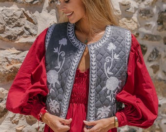Cotton Boho Sleeveless Quilted Embroidered Short Vest || Hippie Chic Bolero With Floral Embroidery