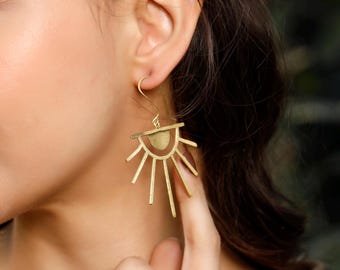 Half Circle Boho Light Weight Earrings Reminiscent to a Stylized  Eye || Spike Minimalist Dangle Earrings ||  Brass Sheet Women's Earrings