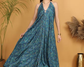 Teal Paisley Maxi Dress | Flowy Bohemian Halter Neck Polyester Outfit