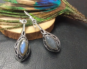 Silver Color  Dangle Earrings with Natural Stones || Semi Preciouse Stone Earrings || Celtic Pattern Earrings With Gem stone