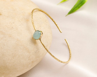 Thin Hammered Minimalist Cuff  Bracelet With Gemstones ||   Boho Brass Adjustable Bangle Bracelet Adorn With An Oval Shape Stone