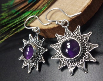 Silver Dangle Earrings With Amethyst || Purple Gem Stones Ethnic Earrings || Mandala Earrings