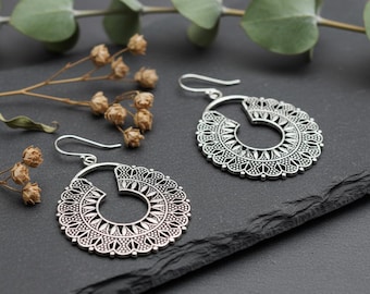 Ornamental Hoop Jewelry | Mandala Pattern Brass Earrings | Oriental Cutwork Dangles | Artisan Statement Style
