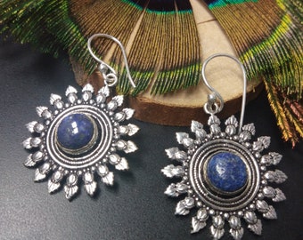 Silver Dangle Earrings || Round Ethnic Earrings || Bohemian Earrings With Semi Precious Stone