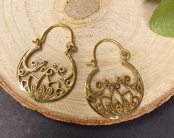 Small Bohemian Hoop Earrings Adorned With Lotus Patterns || Mini Ethnic Openwork Floral  Brass Hoops || Tiny Oriental Filigree Earrings