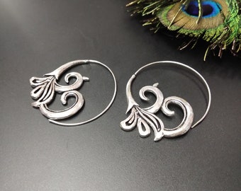 Large Silver Spiral Earrings || Flower Ethnic Earrings || Spiral Hoops || Tribal Earrings