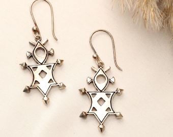 Nomadic Tribal Earrings | Berber Symbol Brass Earrings | Desert Tribe Jewelry | Tuareg Style Dangles
