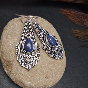 Silver Dangle Earrings With Lapis Lazuli || Gem Stones Ethnic Earrings || Bohemian Chic Earrings