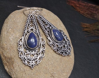Silver Dangle Earrings With Lapis Lazuli || Gem Stones Ethnic Earrings || Bohemian Chic Earrings