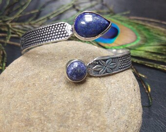 Silver Color Adjustable Bracelet with Lapis Lazuli || Adjustable Ethnic Face to Face Bracelet with Blue Semi Precious Stones