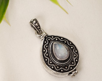 Brass Secret Box Pendant In Shape Of Drop Decorated With Natural Stone ||  Vintage Openable Amulet Medallion With Semi-Precious Stone