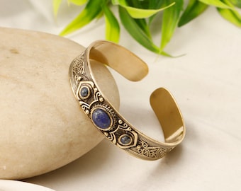 Engraved Ethnic Cuff  Bracelet With Gemstones || Brass Adjustable Medieval Bangle Bracelet || Floral Motifs Decorated Boho Cuff Bangle