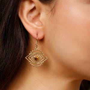 Evil Eye Dangle Earrings with Semi Precious Stones || Protective Brass Earrings with Stone ||  Boho Amulet Earrings || Turkish Eye Earrings