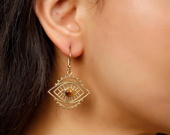 Evil Eye Dangle Earrings with Semi Precious Stones || Protective Brass Earrings with Stone ||  Boho Amulet Earrings || Turkish Eye Earrings