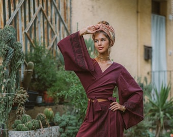 Tibetan Burgundy Bohemian Chic Wrap Top || Flared Sleeves Hemp Top ||  Wine Color Vegetable Dye Top || Handmade  Block Print Top