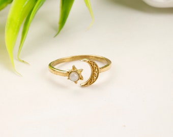 Moon and Star Adjustable Ring With Semi Precious Stone || Boho Brass Ring With Natural Stone || Ethnic Ring with with Celestial Design