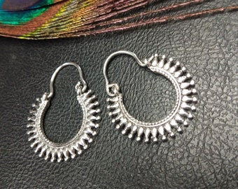 Small Hoop Earrings || Silver  Color Mini Ethnic Hoops || Bohemian Jagged Woman Earrings || Small Tribal Earrings