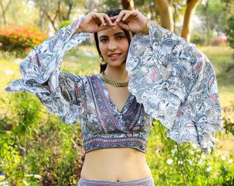 Gray With Golden Hilight Boho Crop Top To Tie In The Back || Top With Ombrella Sleeves And Open Back || Women's Summer With Paisley Print