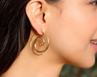 Brass Minimalist Smooth Spiral Earrings || Tribal Sleek Earrings || Boho Hand Made Swirling Earrings
