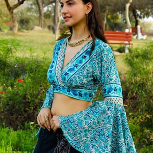 Beige and Blue Polyester Boho Crop Top To Tie In The Back || Open Back Top With Ombrella Sleeves || Women's Summer Top With Paisley Print