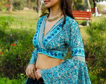 Beige and Blue Polyester Boho Crop Top To Tie In The Back || Open Back Top With Ombrella Sleeves || Women's Summer Top With Paisley Print