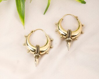 Spike Tribal  Hoop Earrings  || Decorated Gypsy Hoop Earrings || Golden Ethnic Brass Hoops || Women's Bohemian Earrings