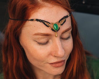 Macramé  Celtic Gemstone and Brass Tiara || Viking Waxed Cotton Headband Adorned With Semi Preciouse Stone Cabochon ||  Forehead Jewelry