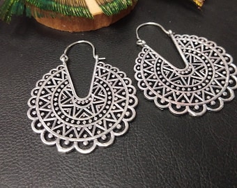 Aztec inspired Hoop Earrings | Ethnic Geometric Brass Hoops | Geometric Statement Jewelry