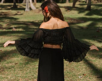 Cotton Veil Bohemian Short Blouse ||  Off Shoulder Gypsy Crop Top || Flamenco Top With Ruffled Bell Sleeves || Boho Flaired Sleeves Top