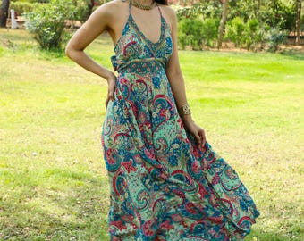 Bohemian Maxi Dress to Tie in the Back || Rasberry And Blue With Golden Hilight Floral Print Long Polyester Dress || Flowy Backless Dress