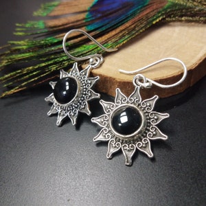 Silver Dangle Earrings With Obsidian || Fine Stones Ethnic Earrings || Mandala Earrings