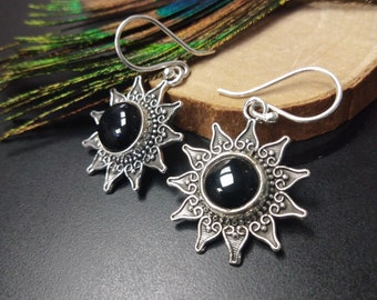 Silver Dangle Earrings With Obsidian || Fine Stones Ethnic Earrings || Mandala Earrings