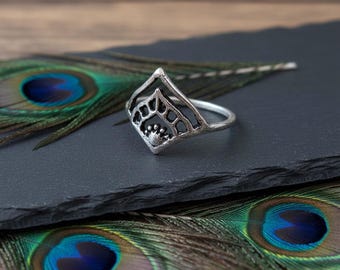 Boho Ethnic Silvered Brass Ring With Geometric Cutouts || Adjustable Openwork Vintage Ring for Women