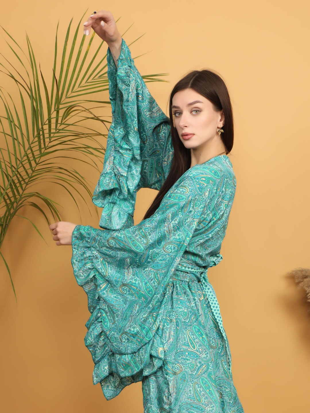 Boho Paisley Wrap Top | Turquoise Gold Blouse | Ruffle Sleeve Bohemian ...