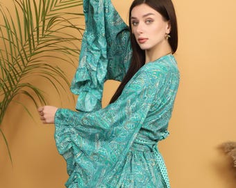Boho Paisley Wrap Top | Turquoise Gold Blouse | Ruffle Sleeve Bohemian Top | Free Size Statement Top | Flowy Festival Blouse