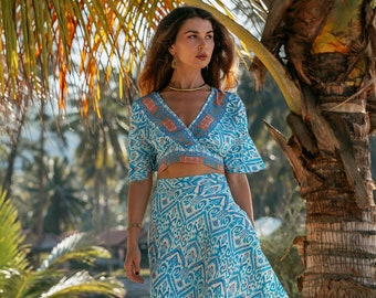 Boho Ikat Print Top || Butterfly Sleeves Ethnic Print Crop Top || Summer Short Top