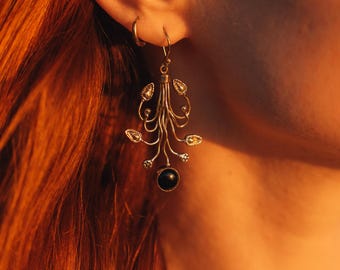 Plant Pattern Golden Dangling Earrings with Semi Precious Stones || Medieval Earrings With Natural Stones