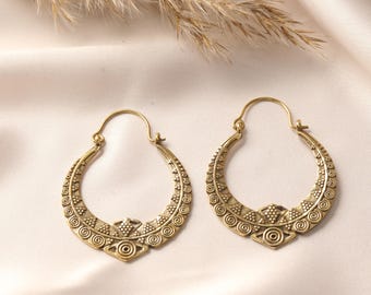 Tribal Crescent Hoop Earrings | Spiral Pattern Brass Hoops | Engraved Ethnic Earrings | Ancient Inspired Jewelry