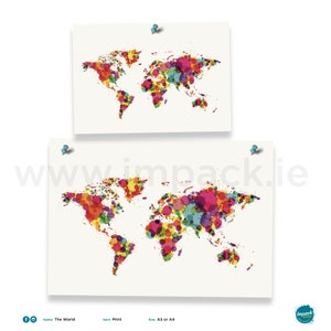 May include: Two prints of a world map, each with a white background and a colorful splatter design. The maps are pinned to a white surface with blue push pins. The text "The World" is visible at the bottom.