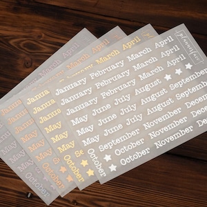 Adesivi per planner dei mesi dell'anno in lamina (argento, oro, oro rosa e olografici) per bullet journal, pianificazione e diari